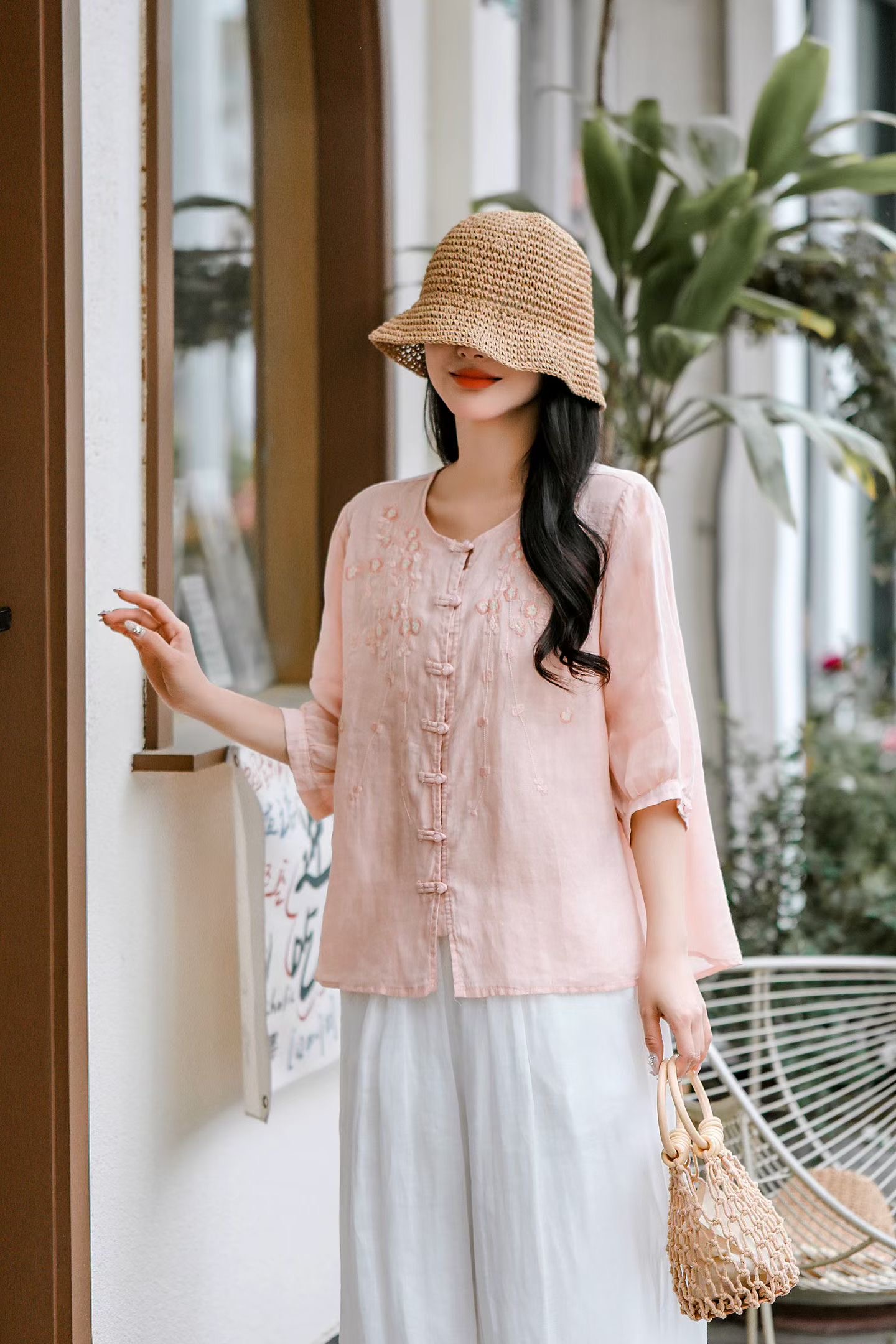 Blush Embroidered Linen Blouse