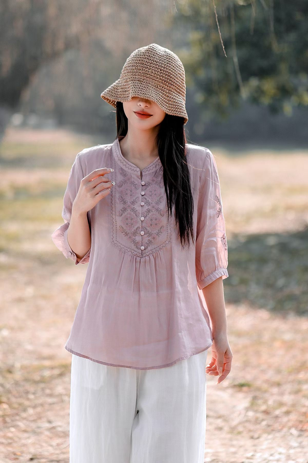 Blush Embroidered Linen Blouse