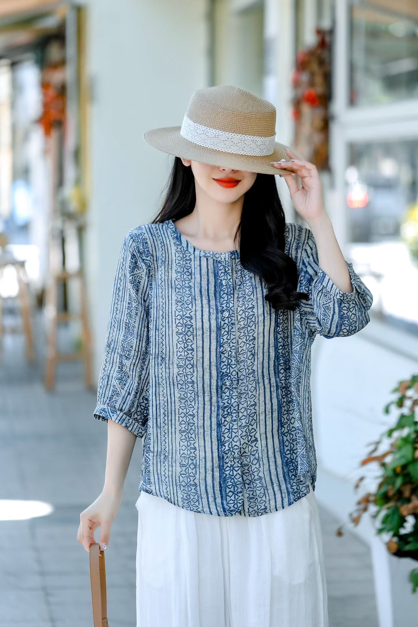 Indigo Printed Linen Blouse