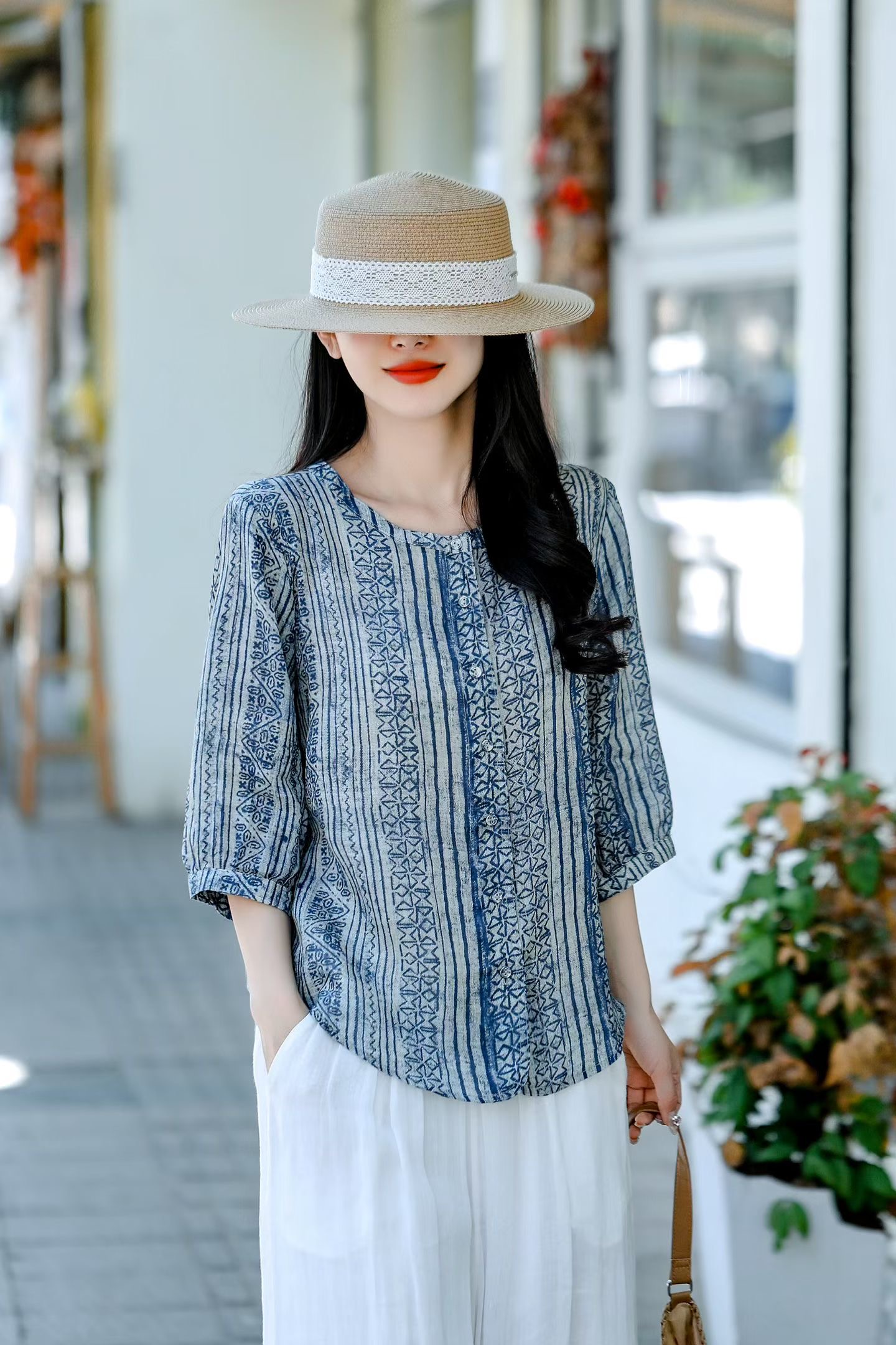 Indigo Printed Linen Blouse