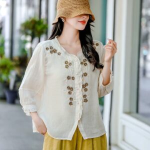 Ivory Botanical Linen Blouse