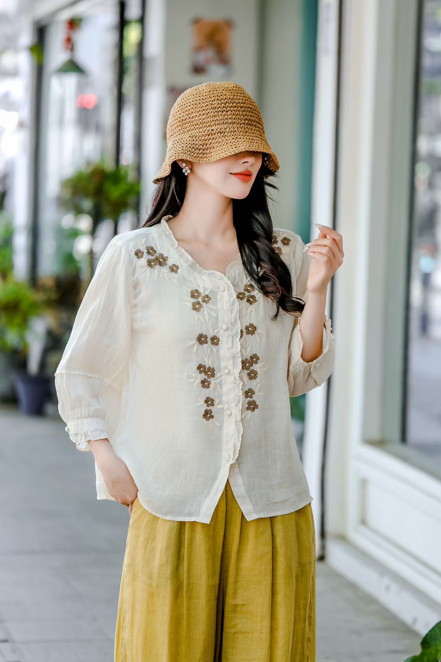 Ivory Botanical Linen Blouse