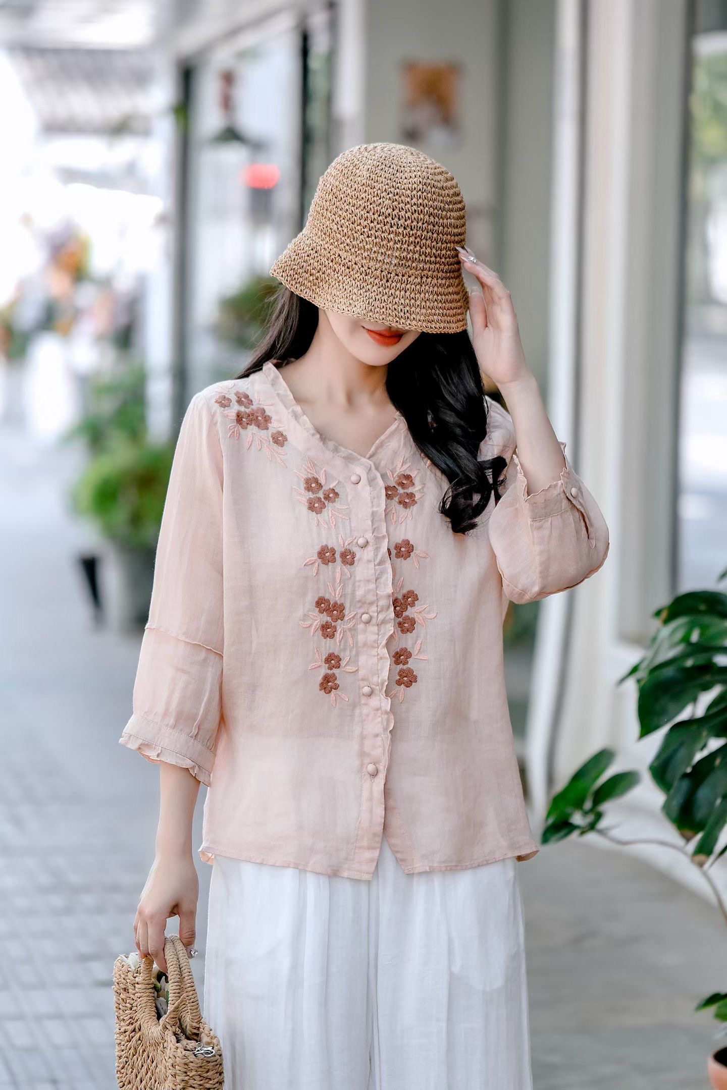 Ivory Botanical Linen Blouse