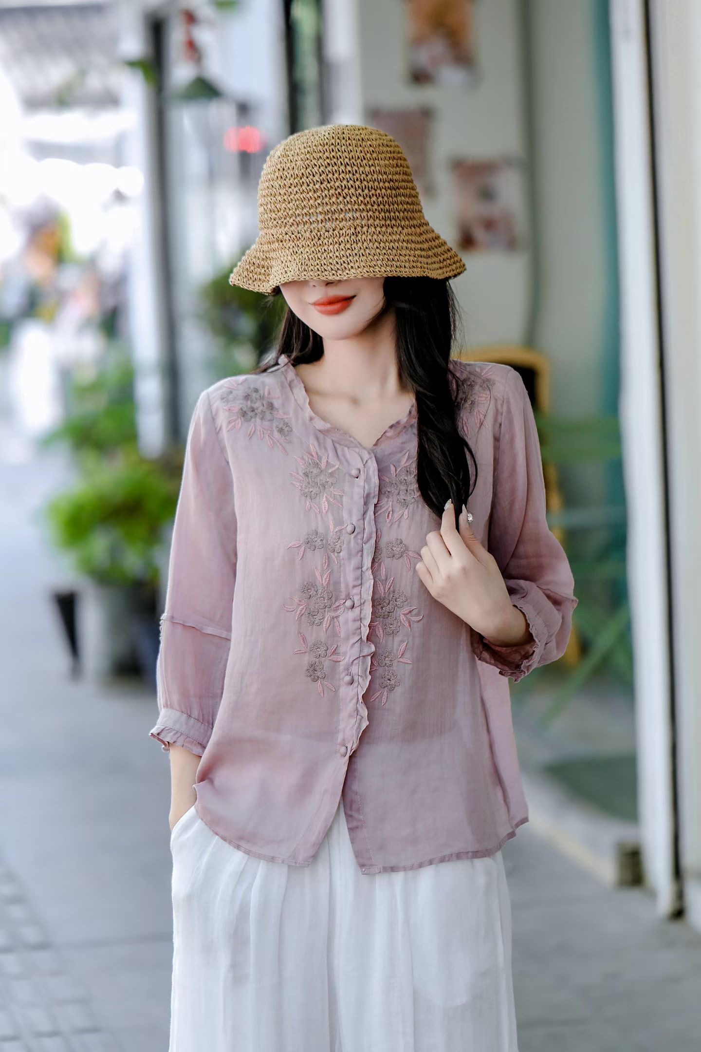 Ivory Botanical Linen Blouse