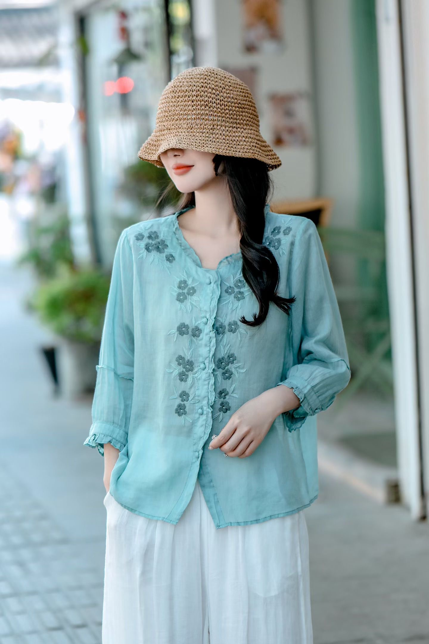 Ivory Botanical Linen Blouse
