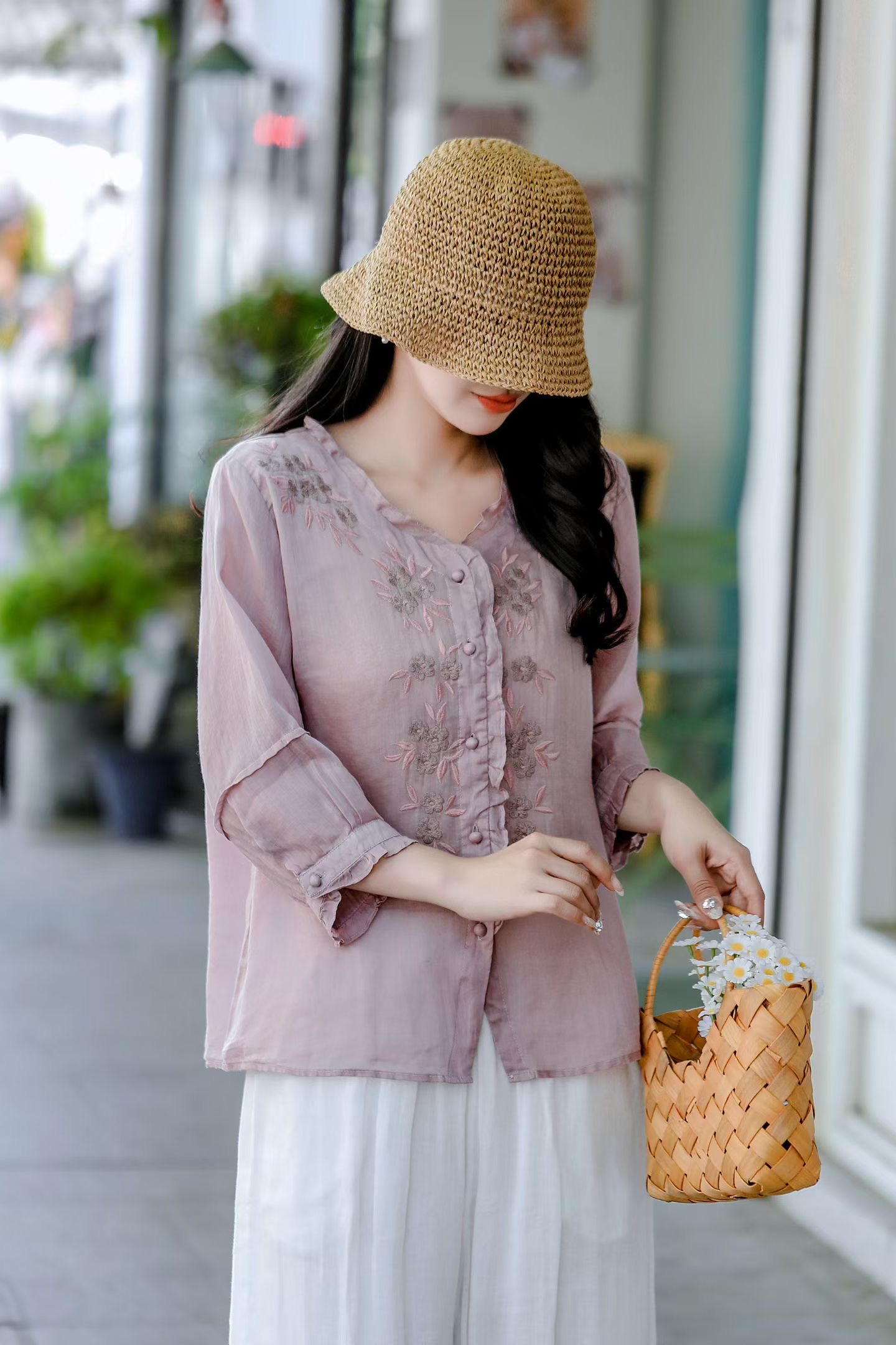 Ivory Botanical Linen Blouse