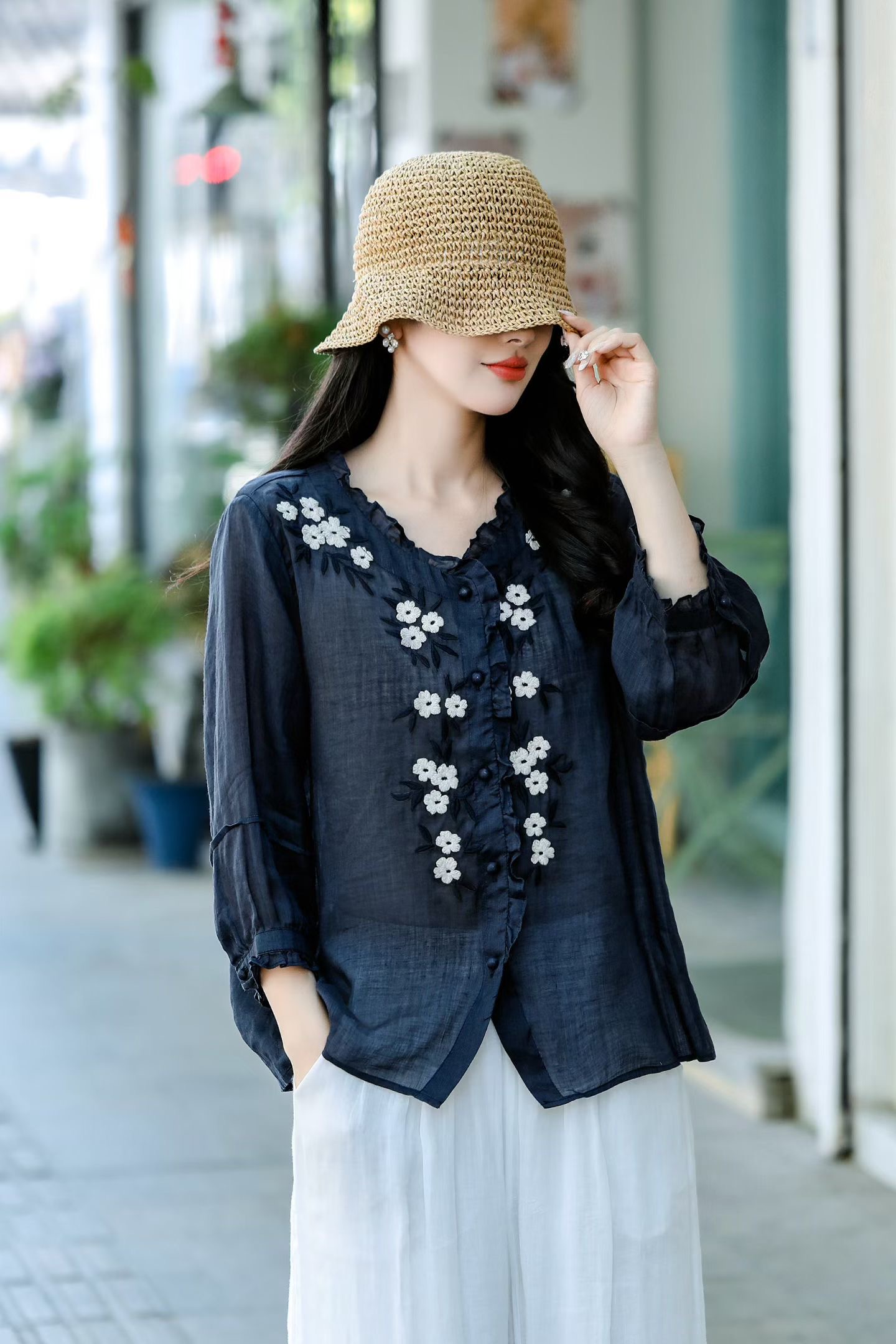 Ivory Botanical Linen Blouse