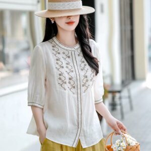 Ivory Floral Embroidered Linen Blouse