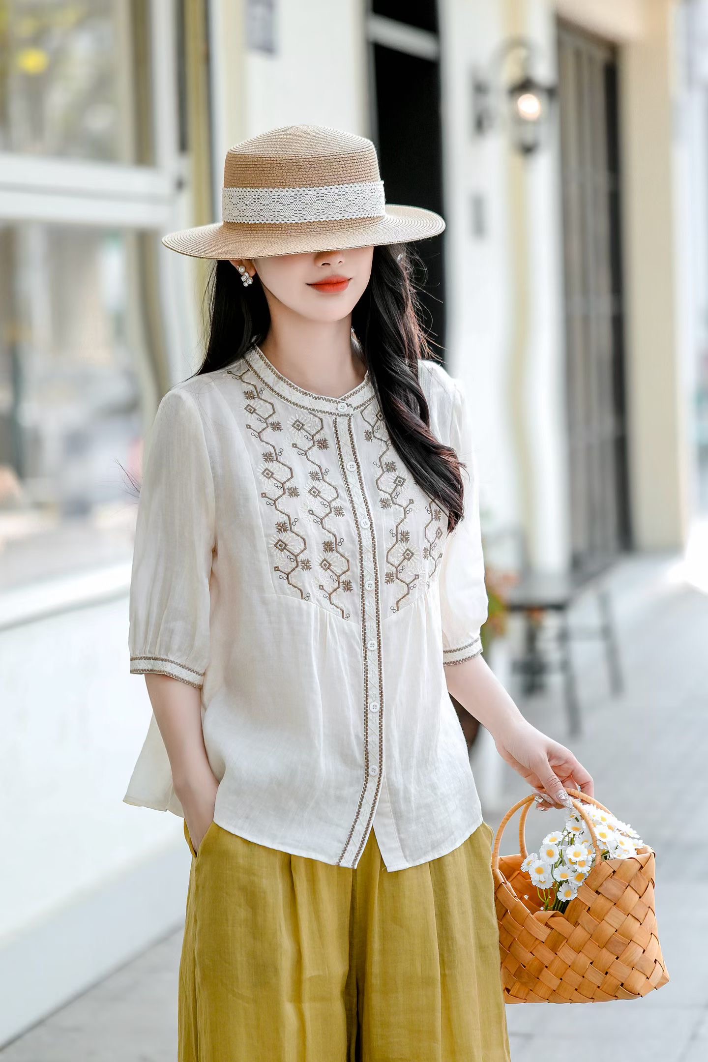 Ivory Floral Embroidered Linen Blouse