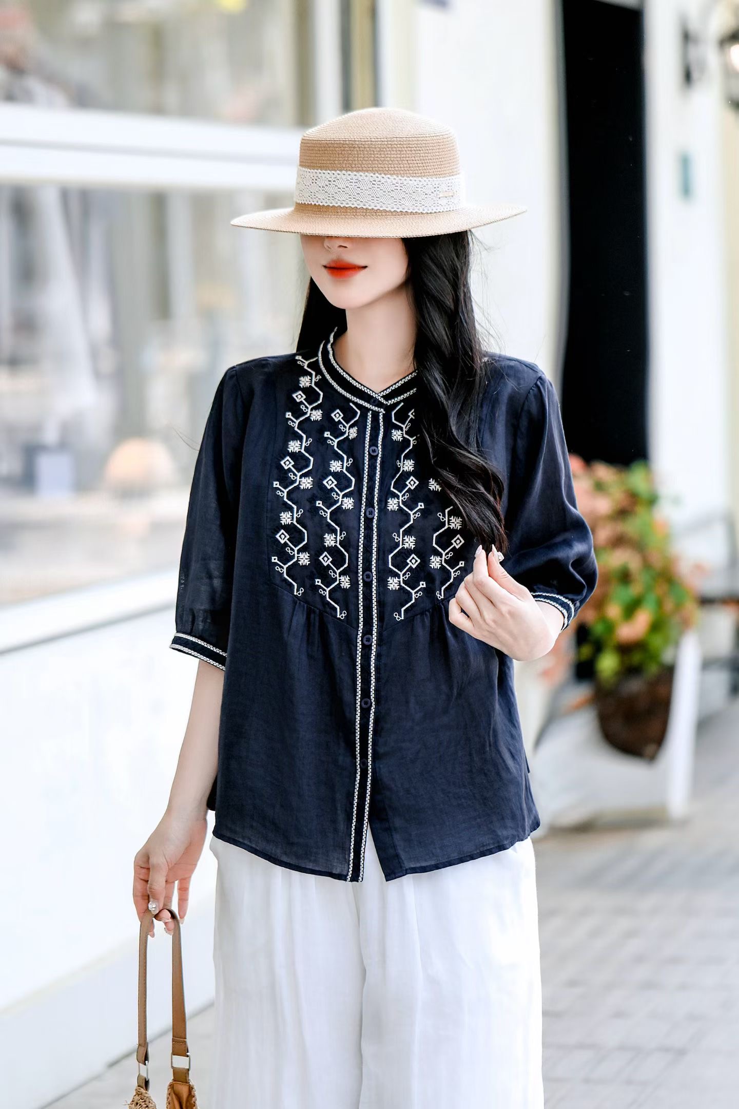 Ivory Floral Embroidered Linen Blouse