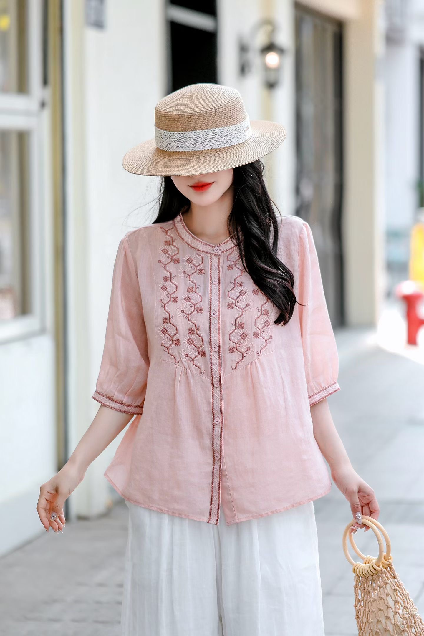 Ivory Floral Embroidered Linen Blouse