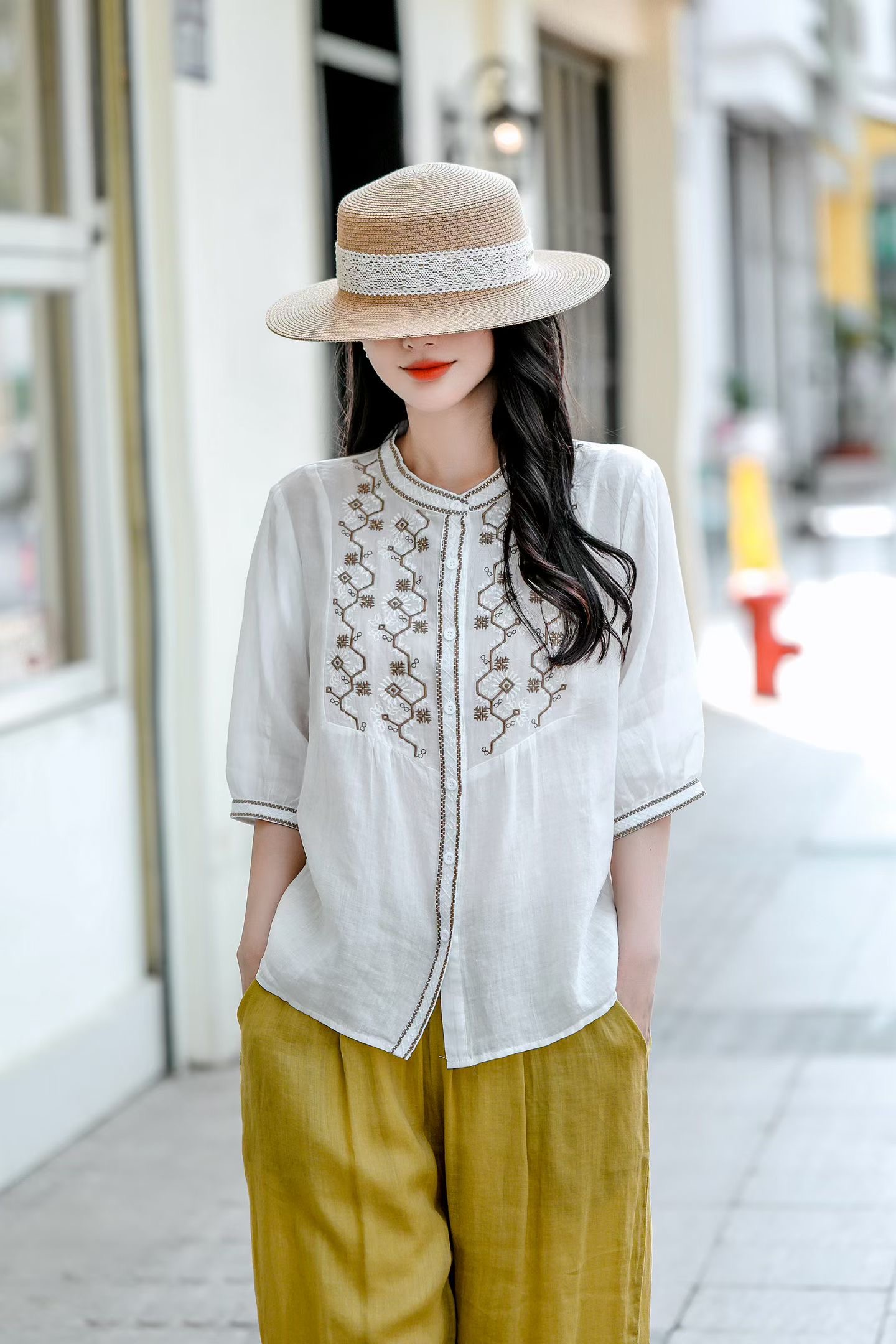 Ivory Floral Embroidered Linen Blouse