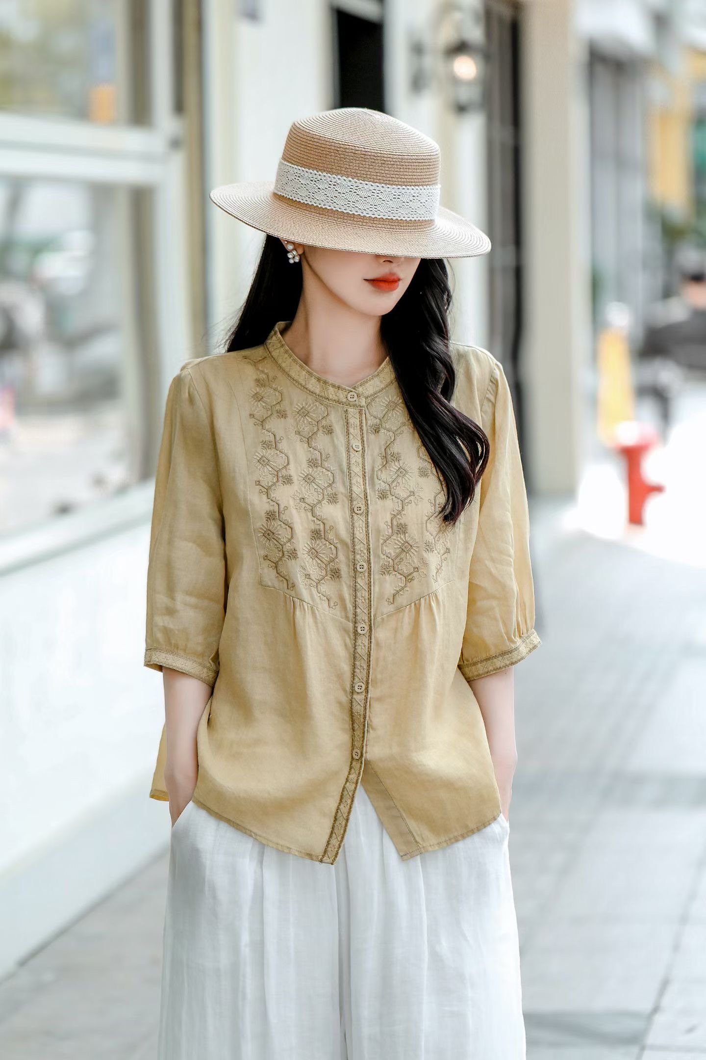Ivory Floral Embroidered Linen Blouse