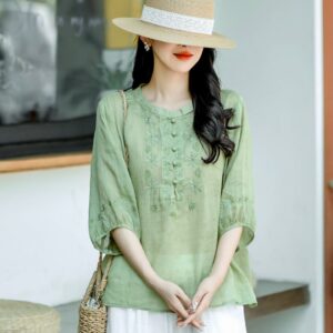 Mint Embroidered Linen Blouse