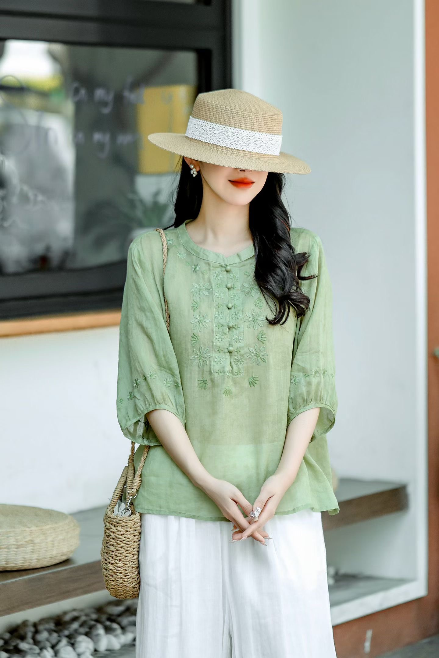 Mint Embroidered Linen Blouse