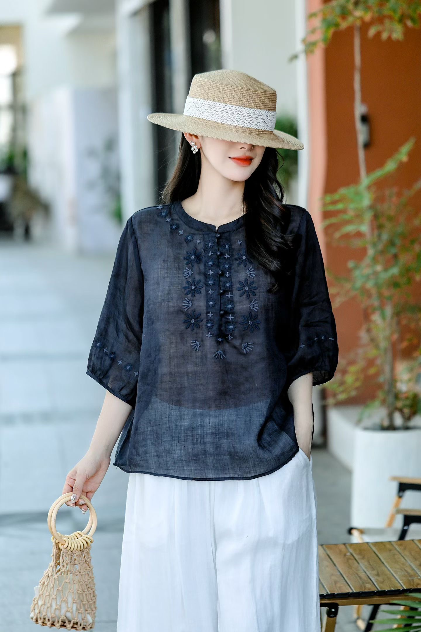 Mint Embroidered Linen Blouse