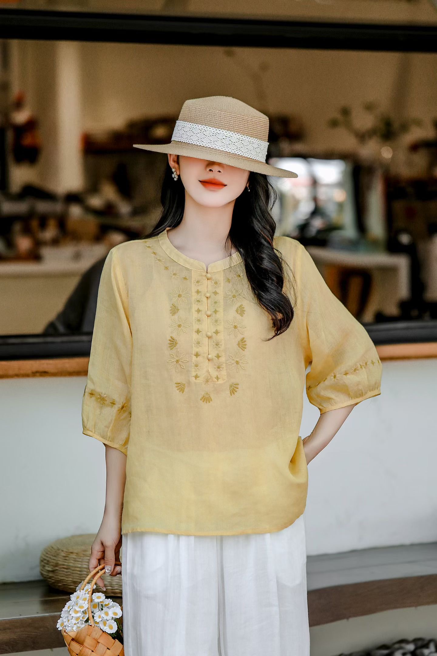 Mint Embroidered Linen Blouse