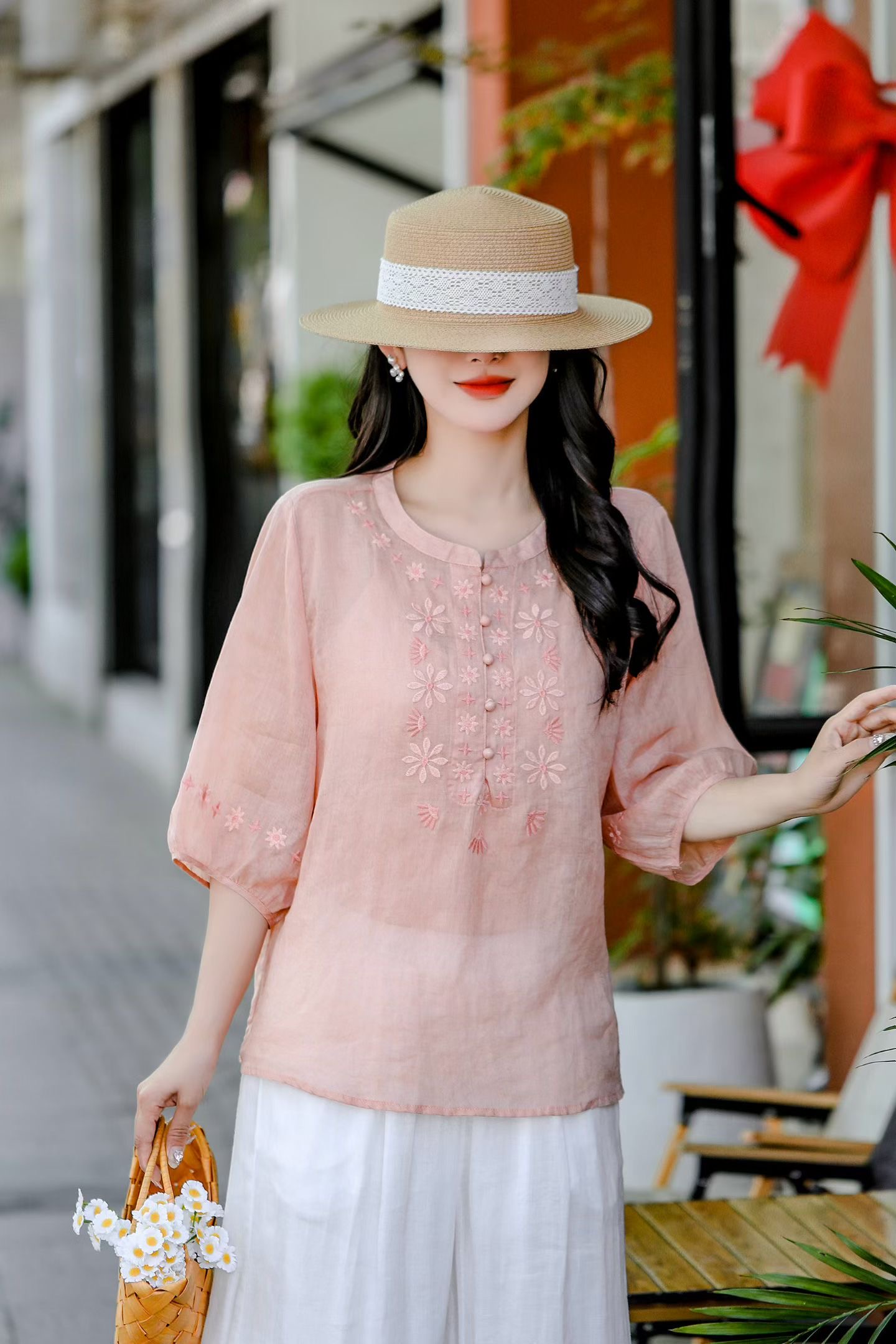 Mint Embroidered Linen Blouse