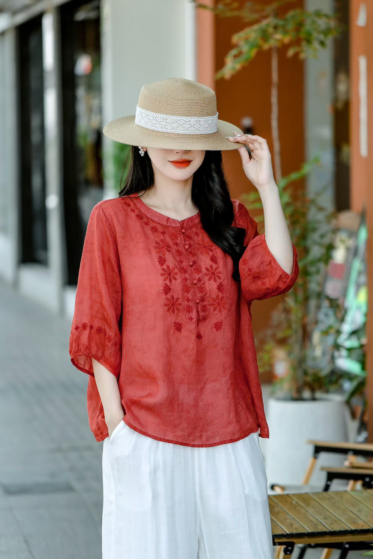 Mint Embroidered Linen Blouse