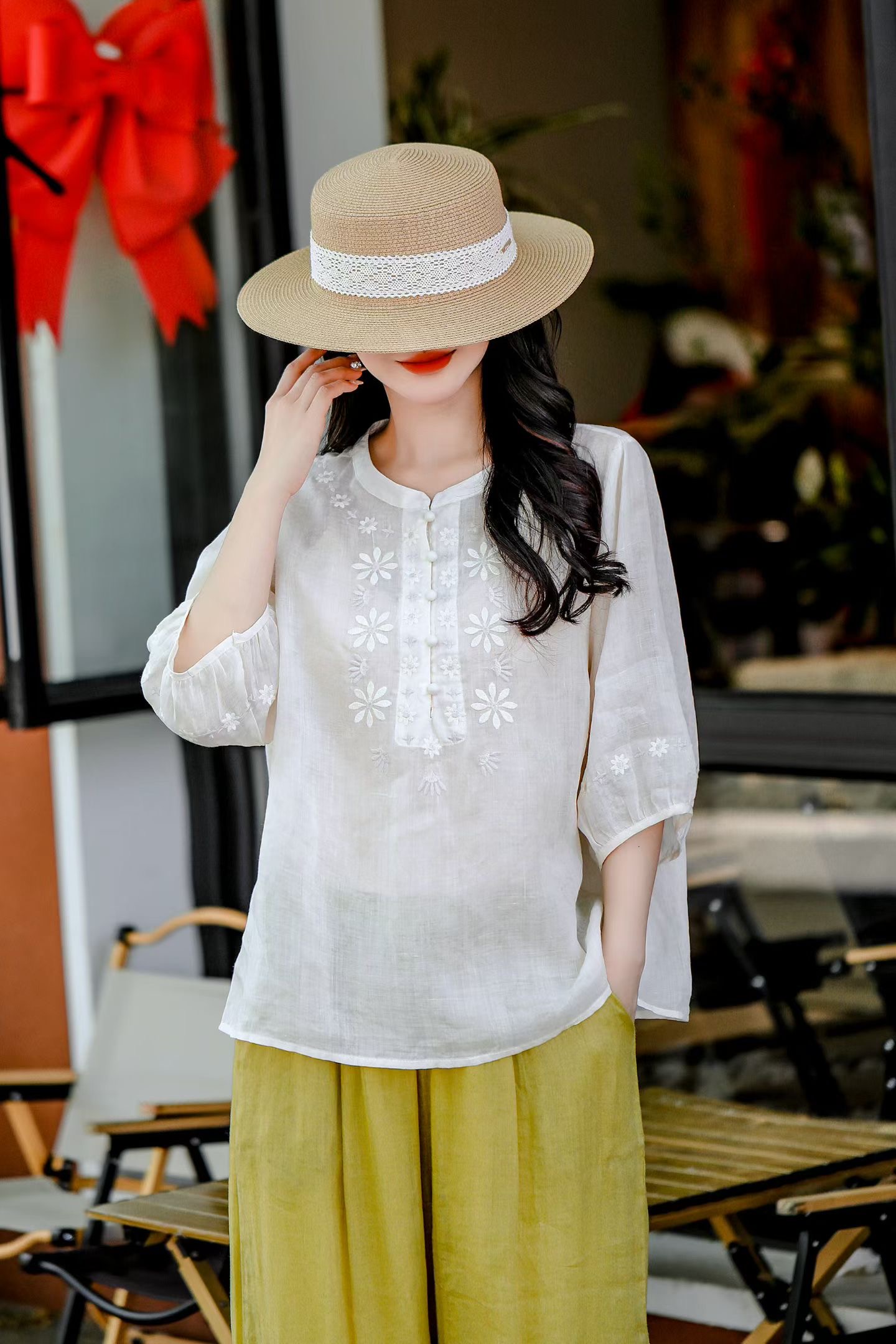 Mint Embroidered Linen Blouse