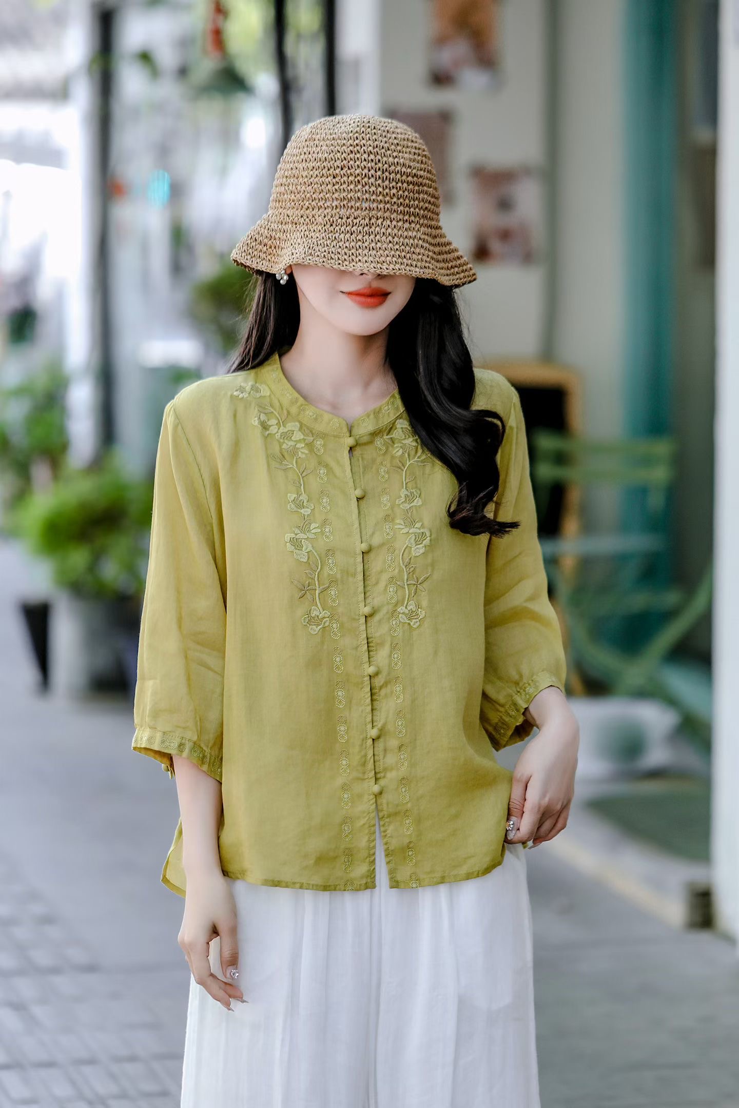 Moss Button Linen Blouse