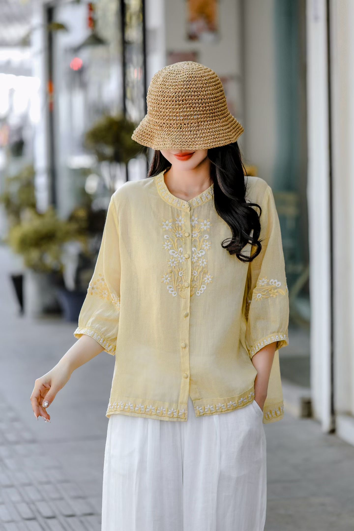 Moss Button Linen Blouse