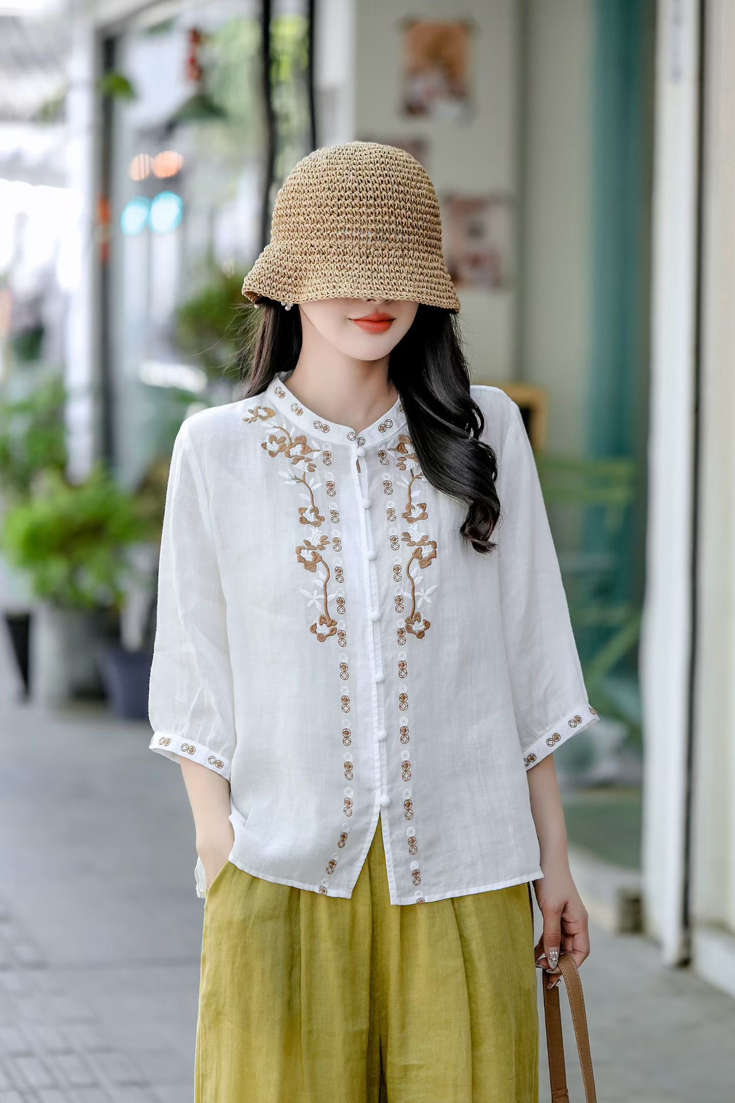 Moss Button Linen Blouse