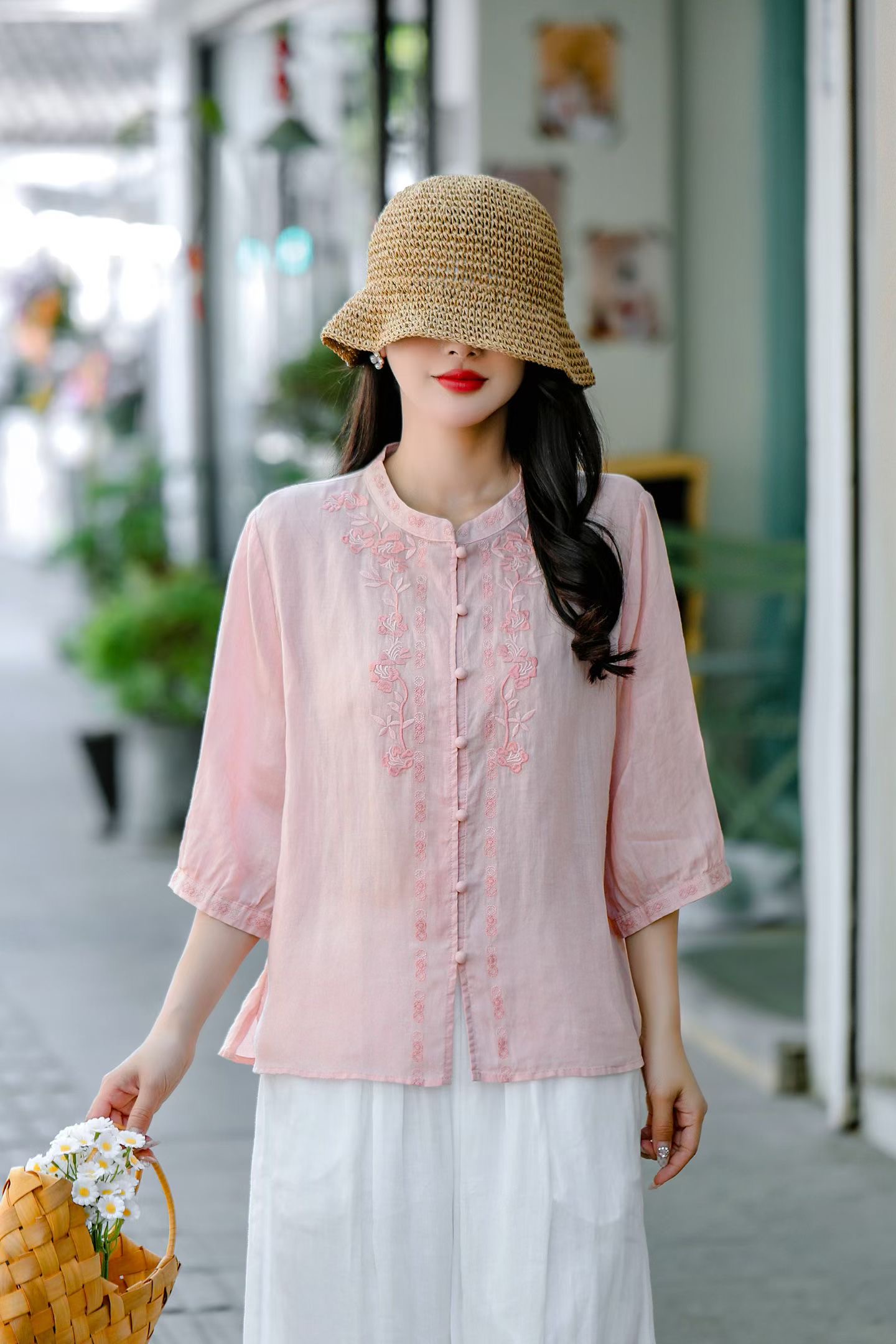 Moss Button Linen Blouse