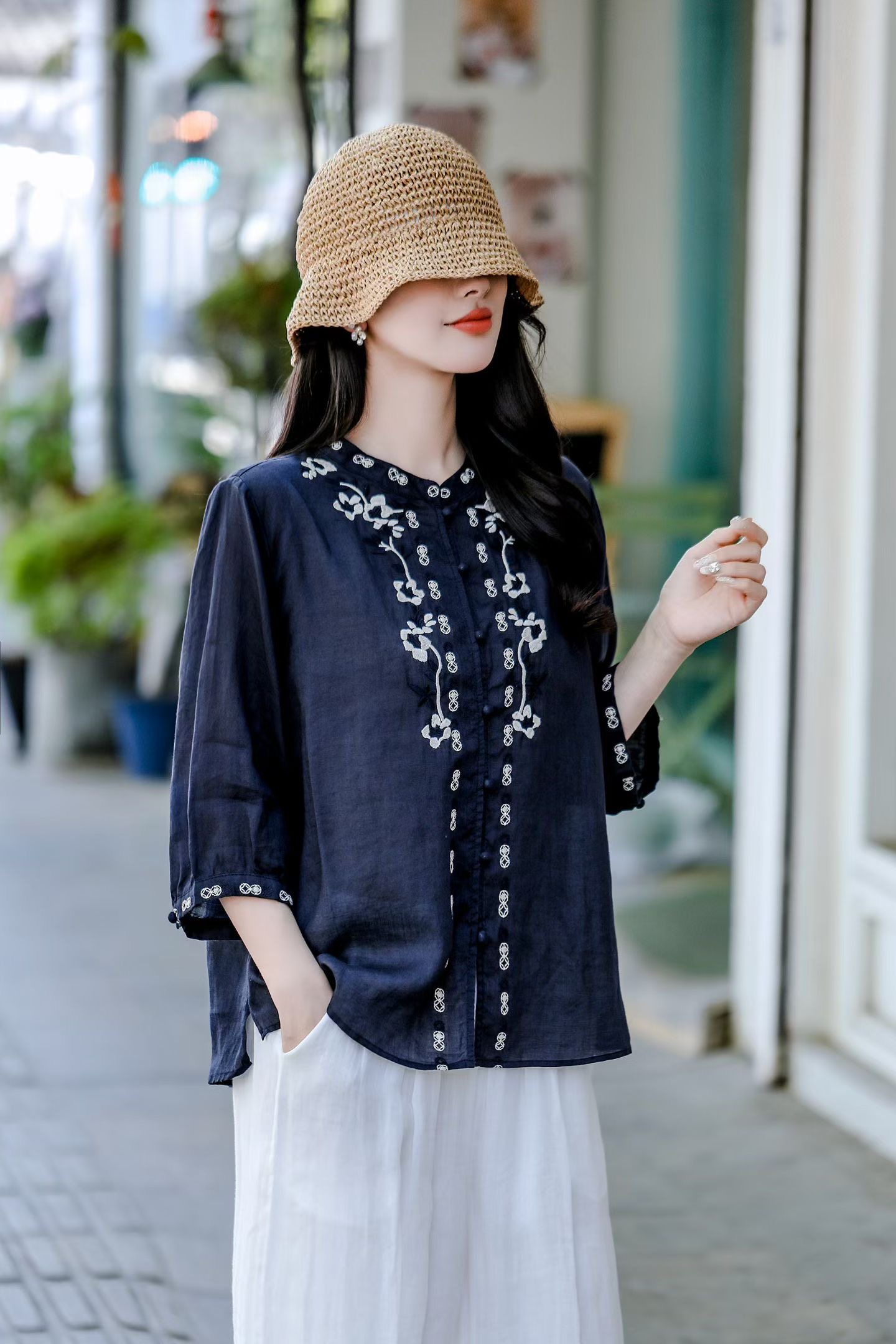 Moss Button Linen Blouse