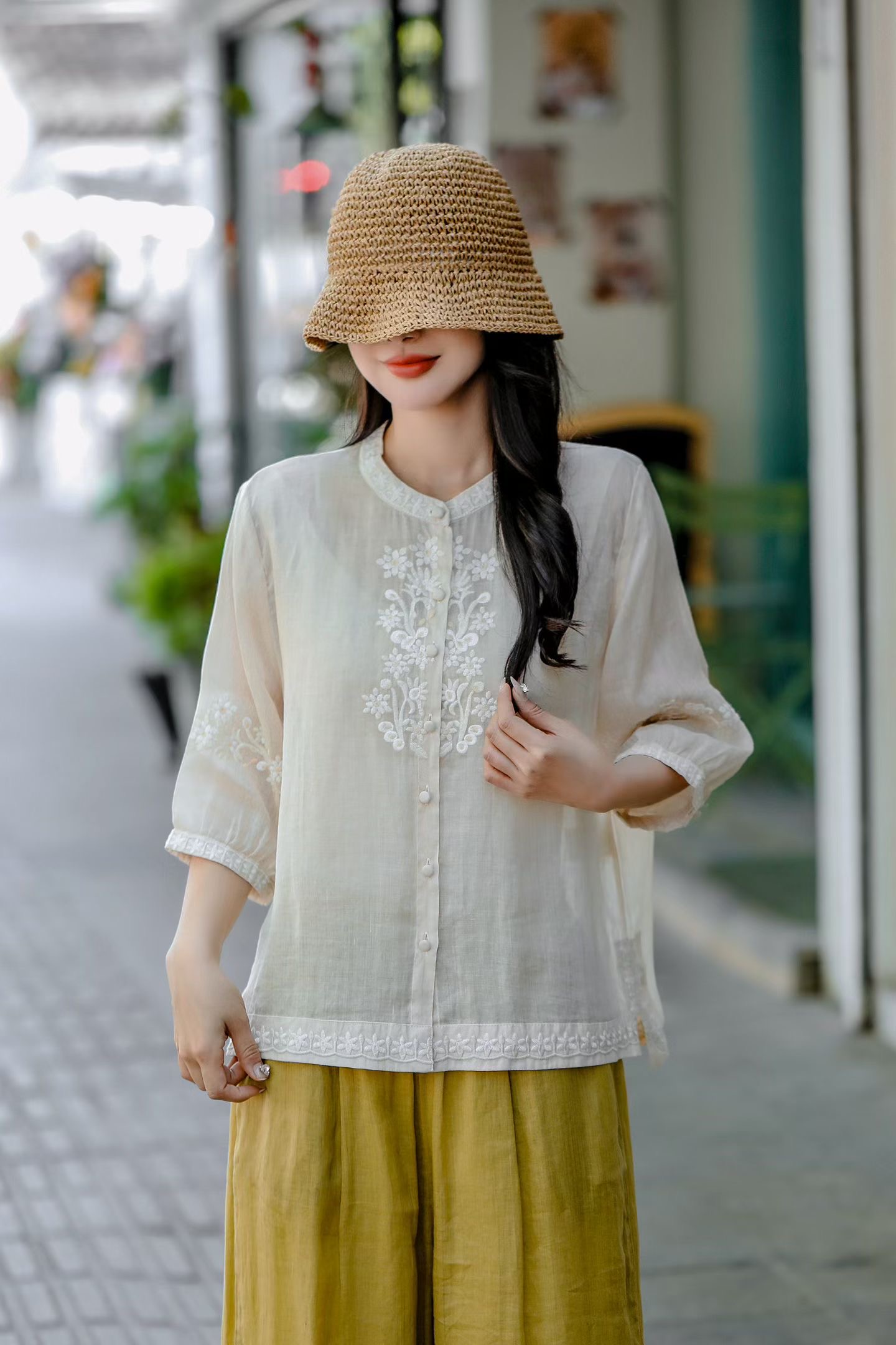Moss Button Linen Blouse