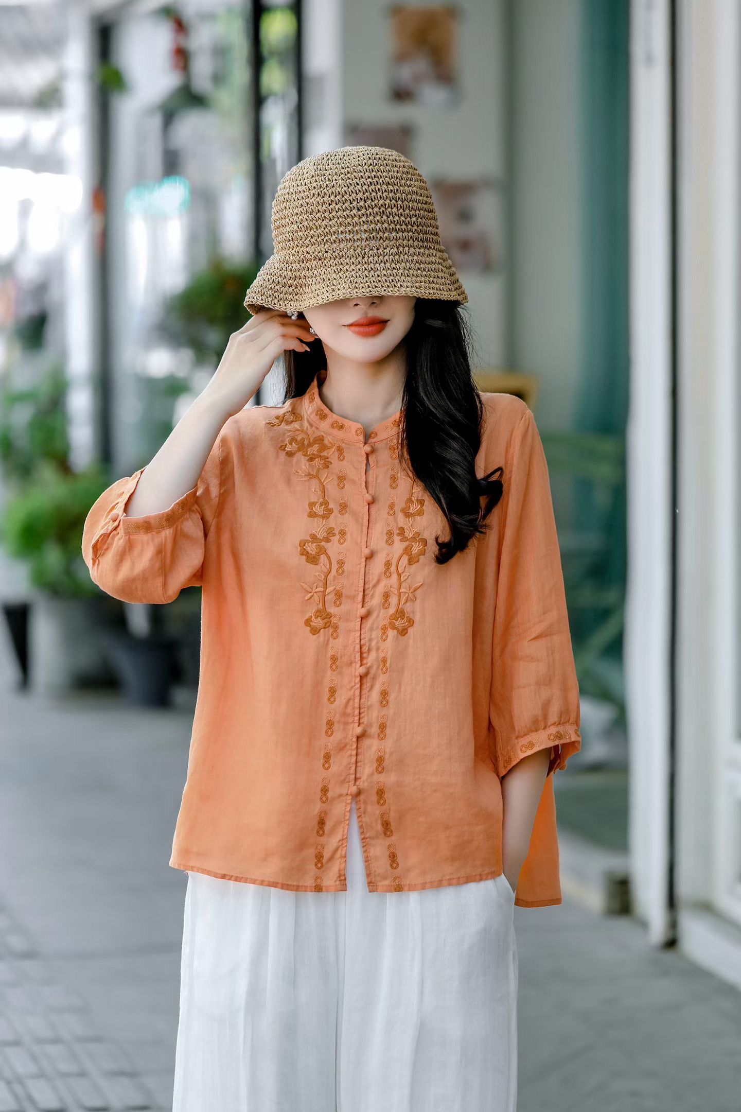 Moss Button Linen Blouse