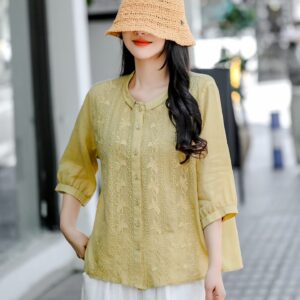 Olive Embroidered Linen Blouse