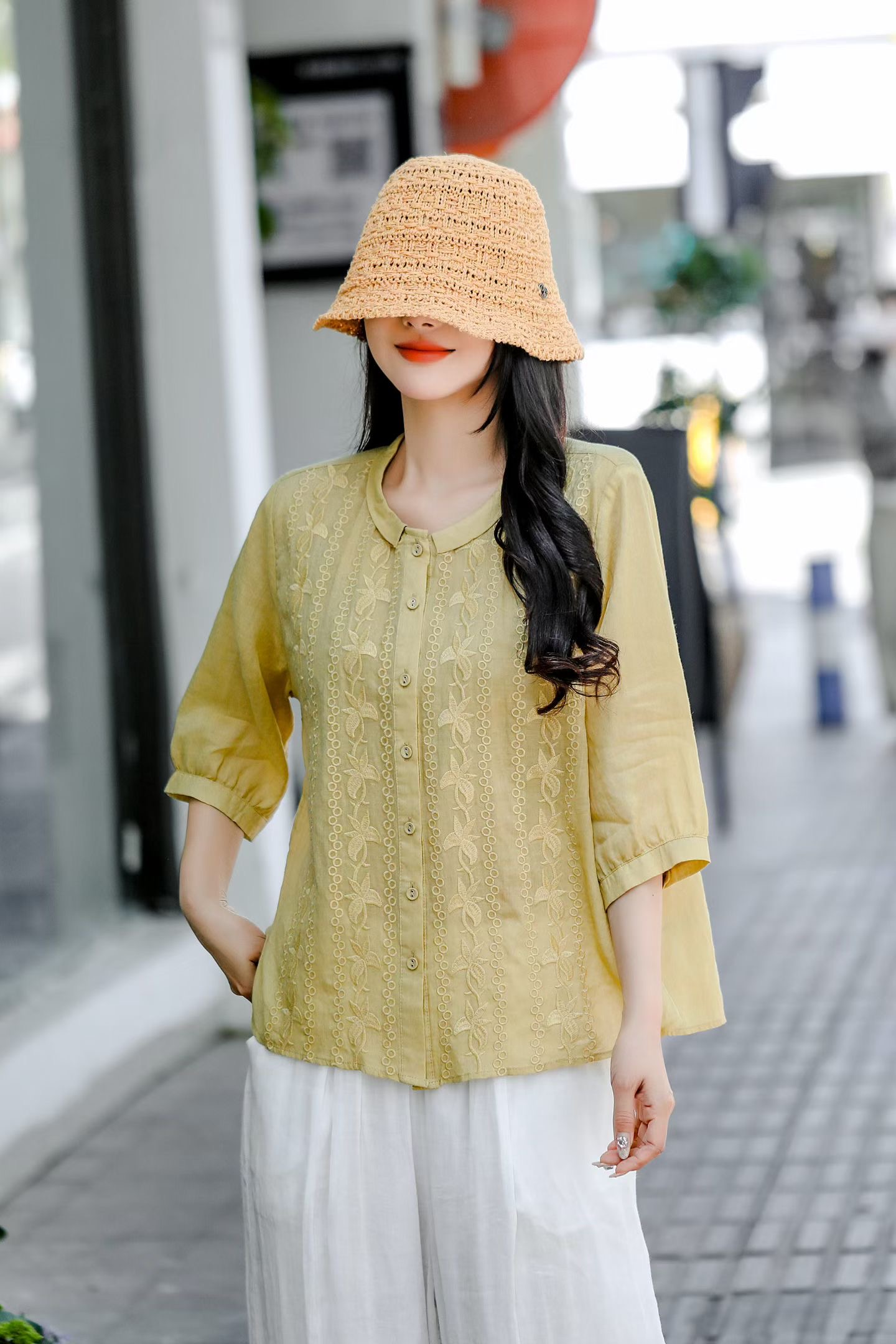 Olive Embroidered Linen Blouse