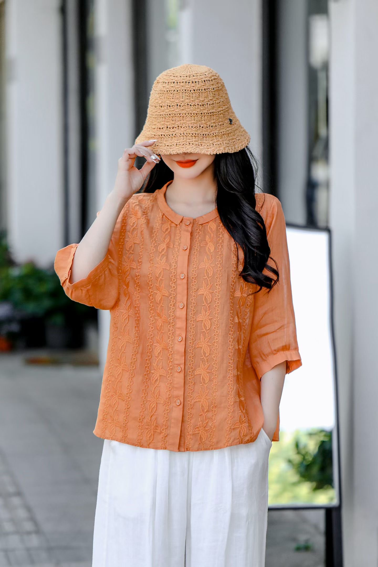 Olive Embroidered Linen Blouse