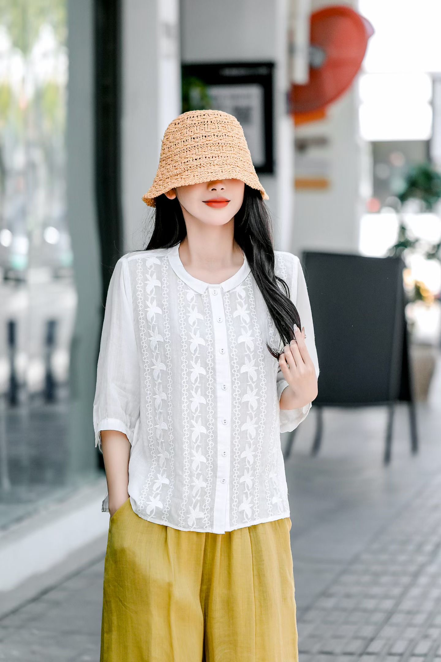 Olive Embroidered Linen Blouse