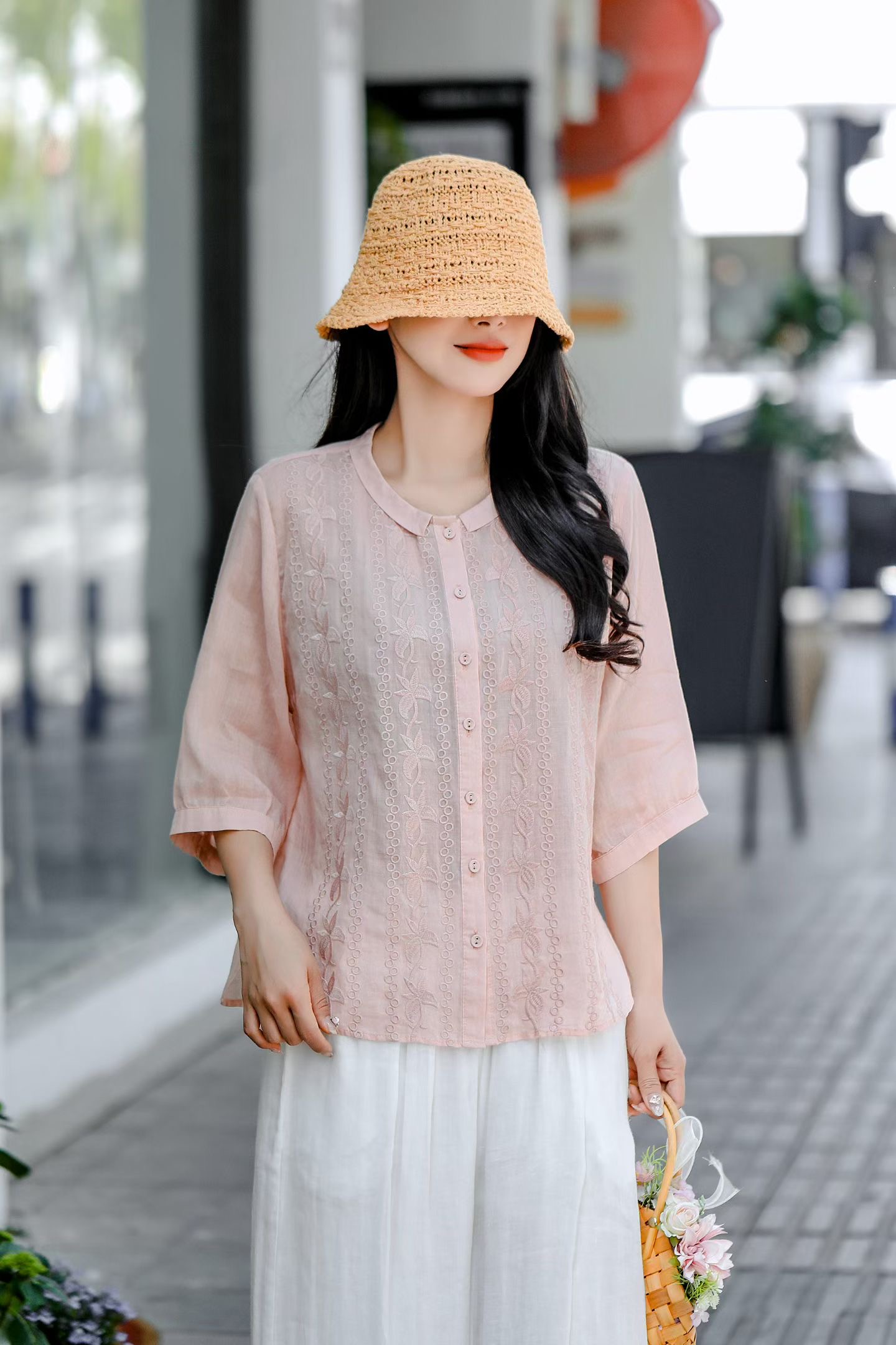 Olive Embroidered Linen Blouse