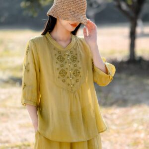Olive Embroidered Linen Lounge Set