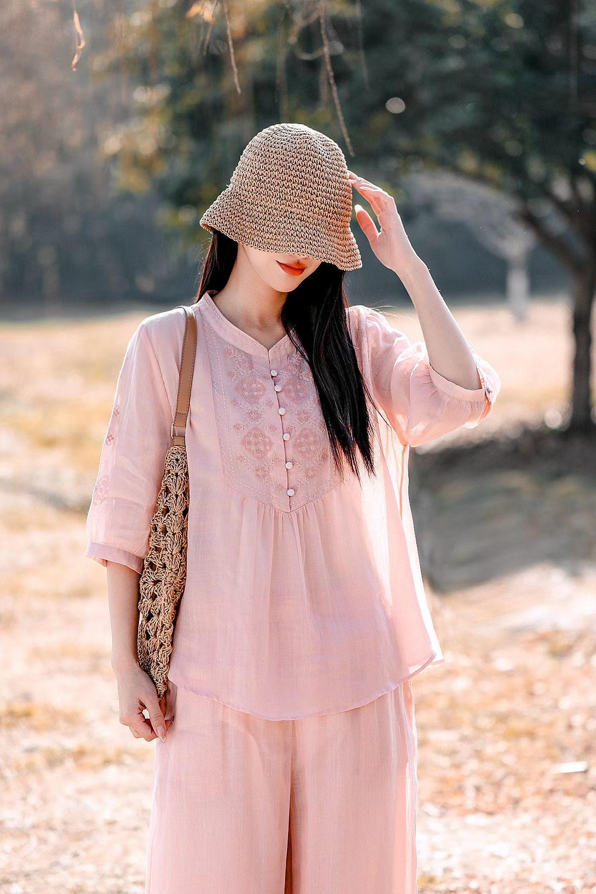 Olive Embroidered Linen Lounge Set