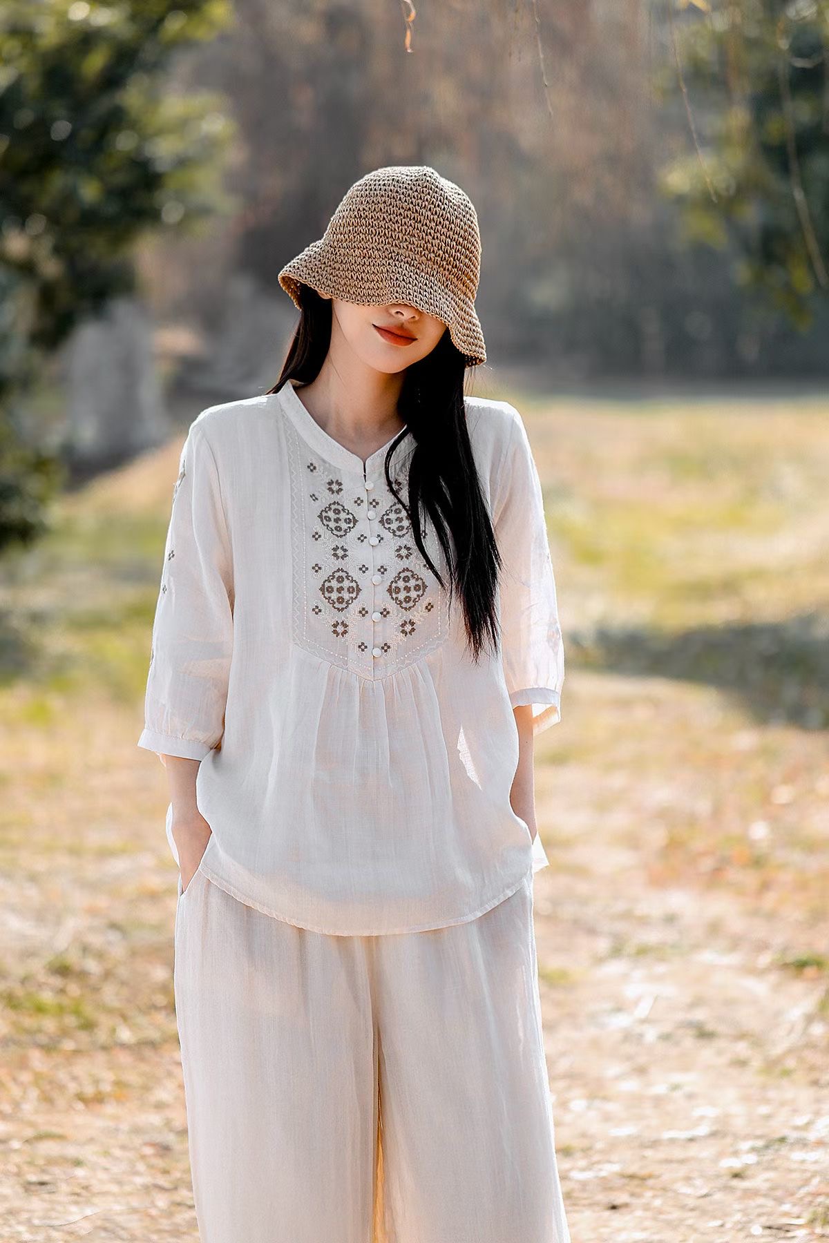 Olive Embroidered Linen Lounge Set