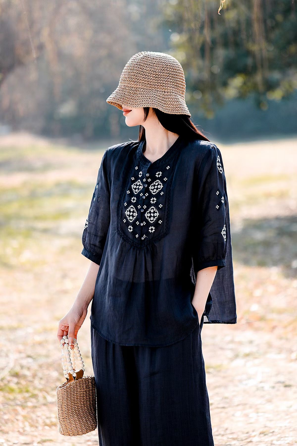 Olive Embroidered Linen Lounge Set