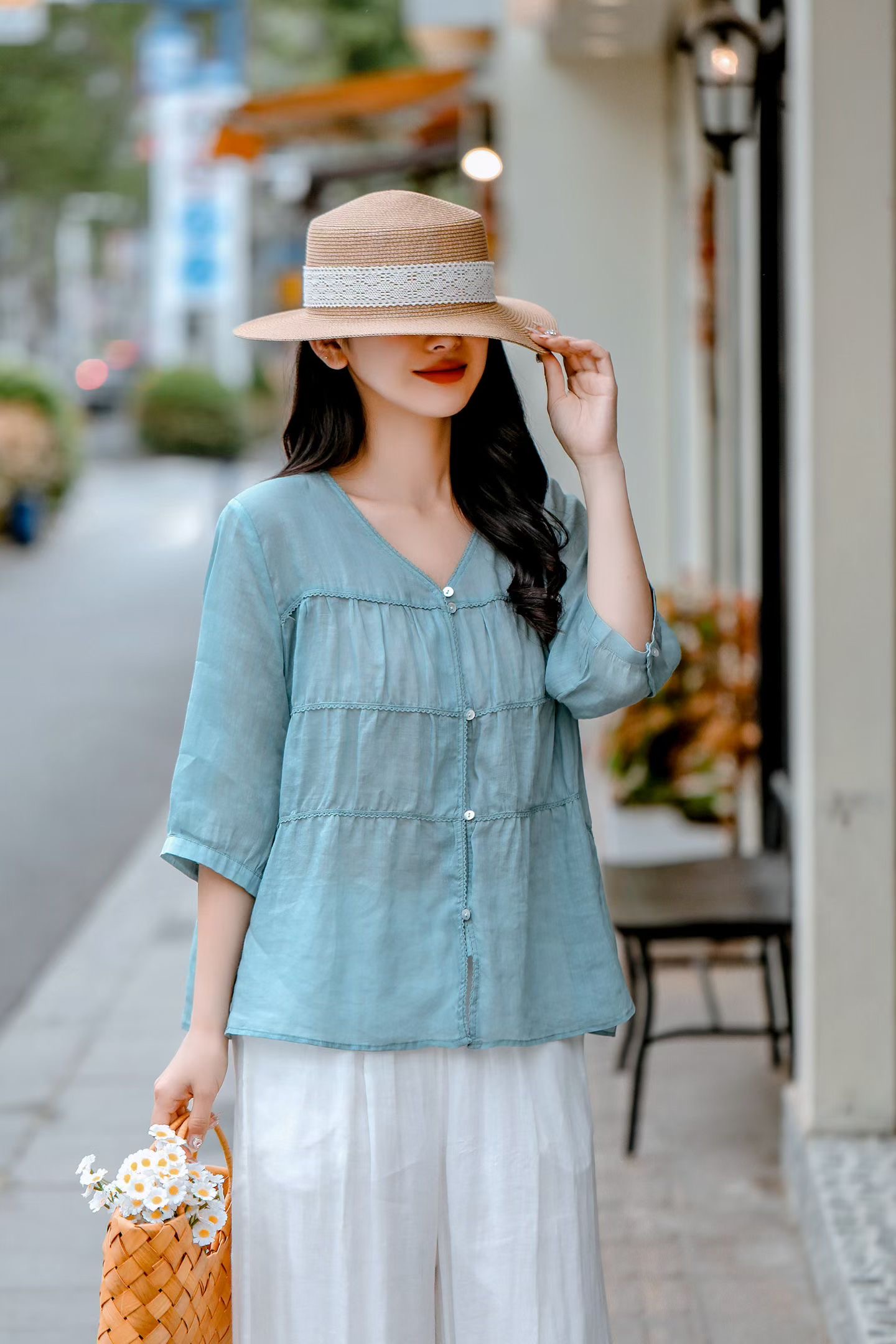 Olive Gauze Linen Blouse