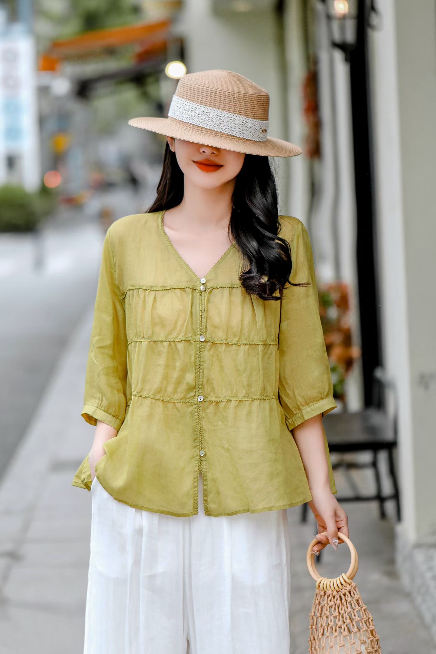Olive Gauze Linen Blouse
