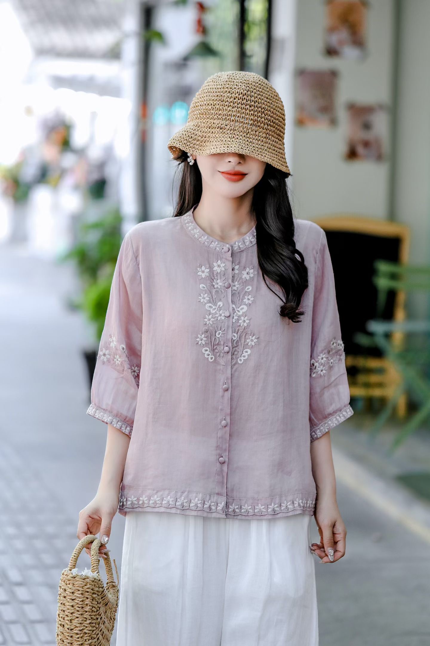 Sand Embroidered Linen Blouse