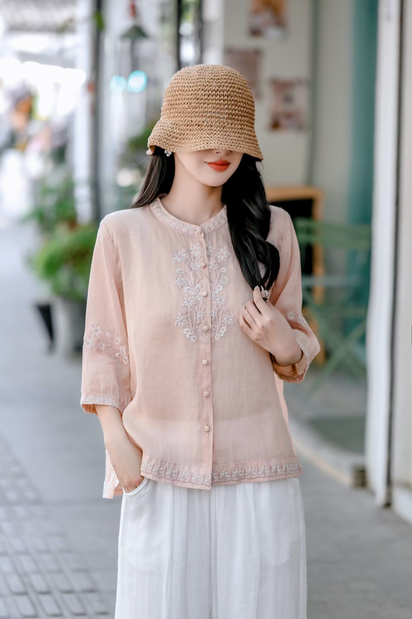 Sand Embroidered Linen Blouse